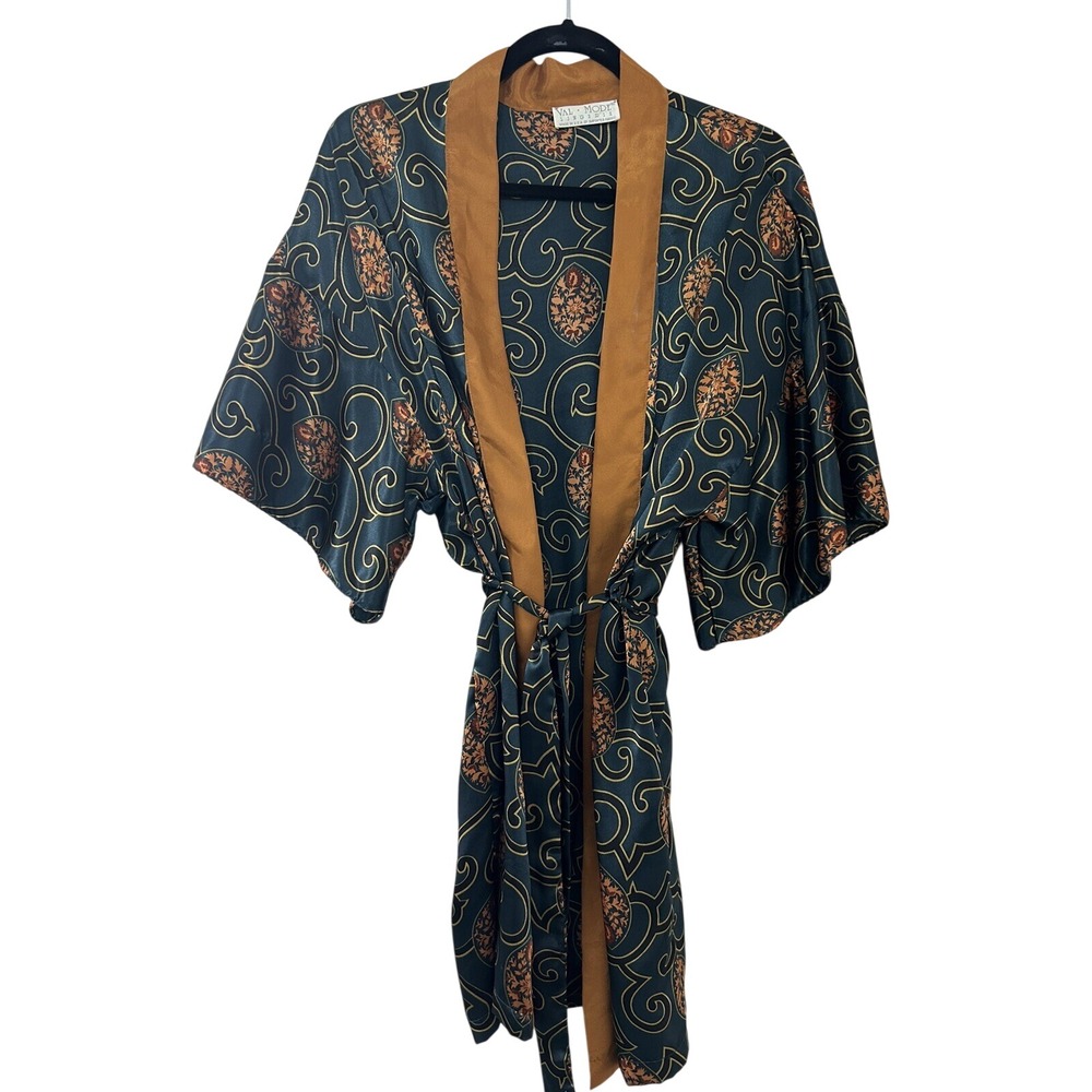 Val Mode Lingerie Vintage Teal Gold Paisley Satin Robe Kimono Made in USA Small